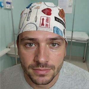 Medical Print Surgical Cap in White with Multicolor Tools